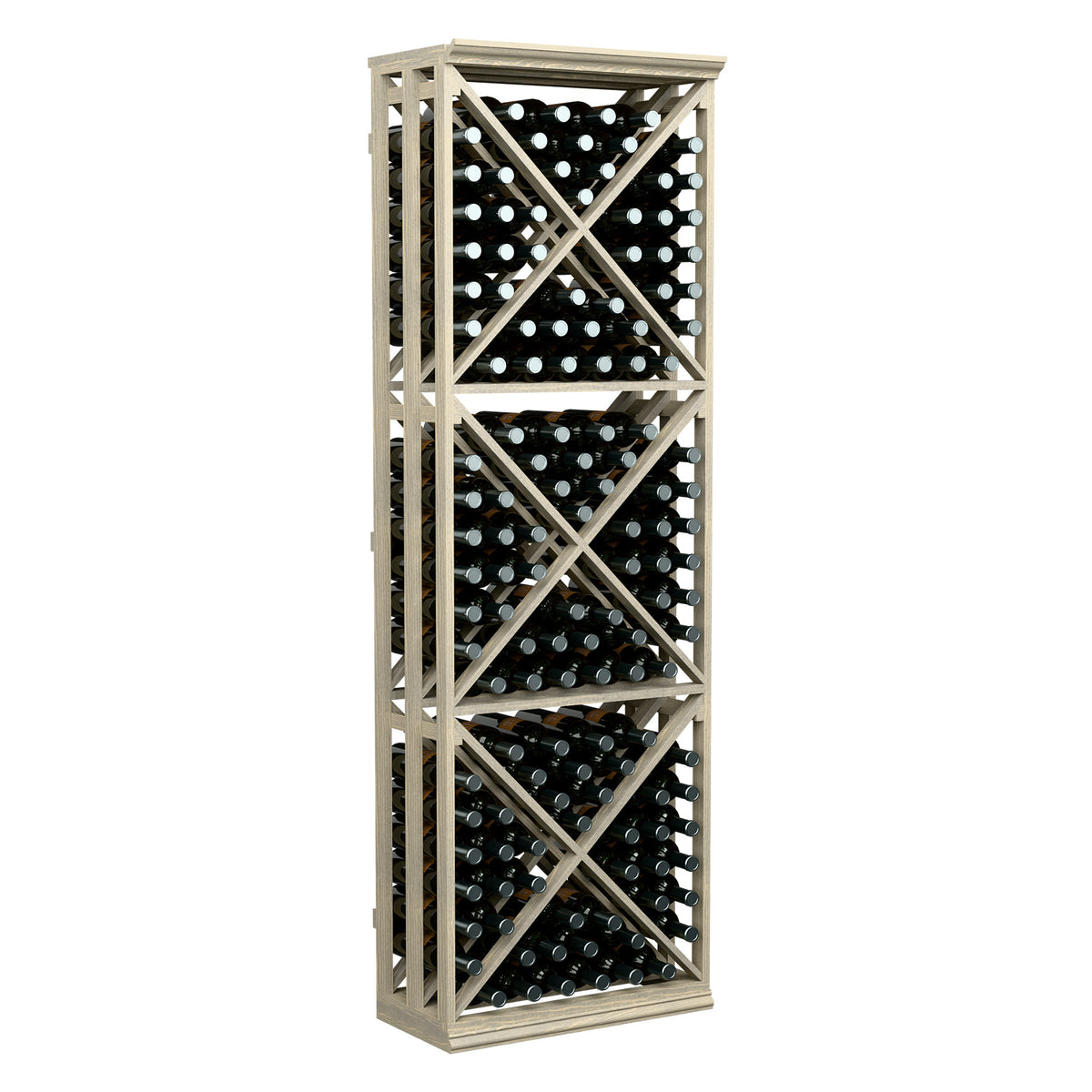 Light wood lattice wine bottle storage rack with crisscross shelves and stacked bottles