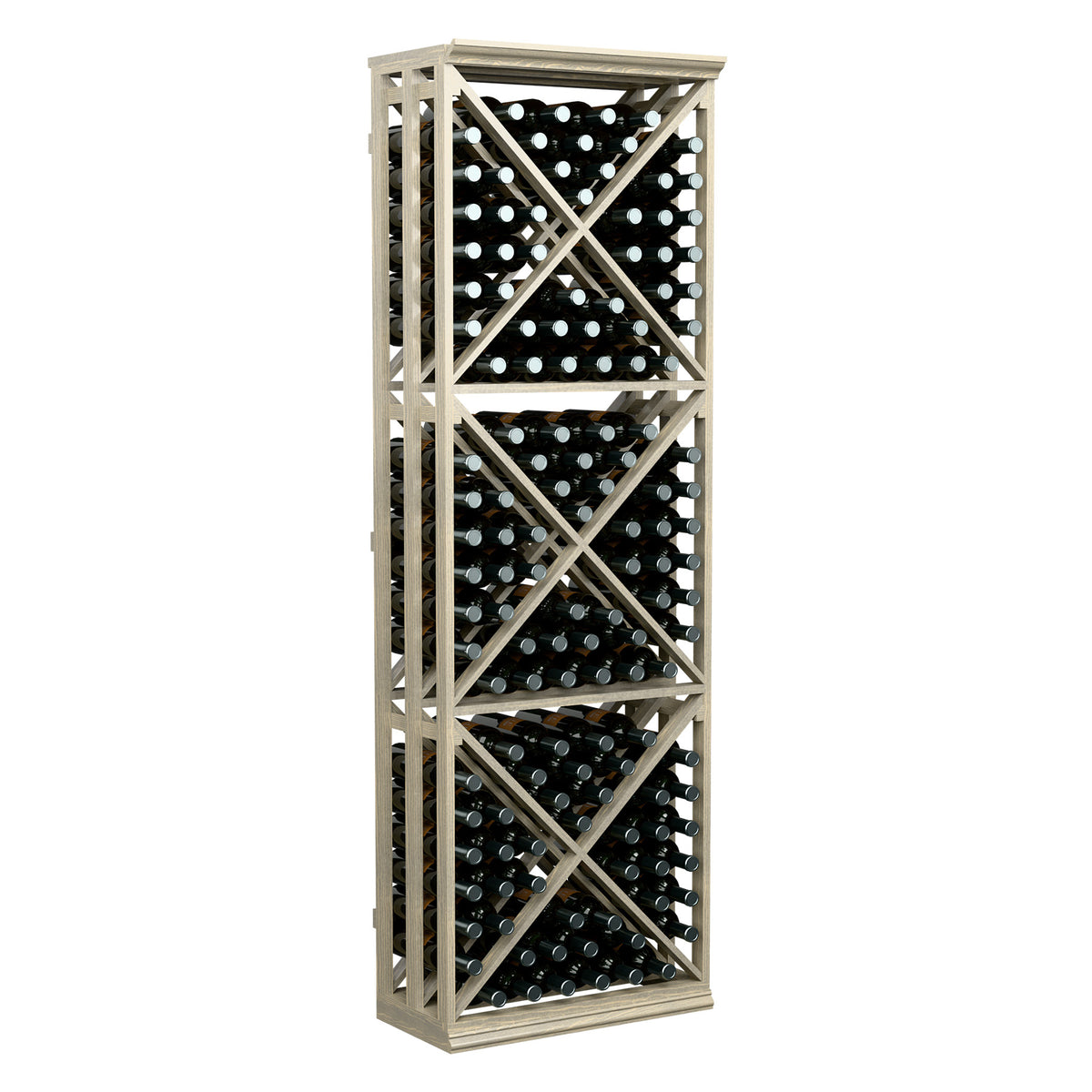 Light wood lattice wine bottle storage rack with crisscross panels and rows of bottles