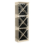 Light wood lattice wine bottle storage rack with crisscross shelves holding bottles upright
