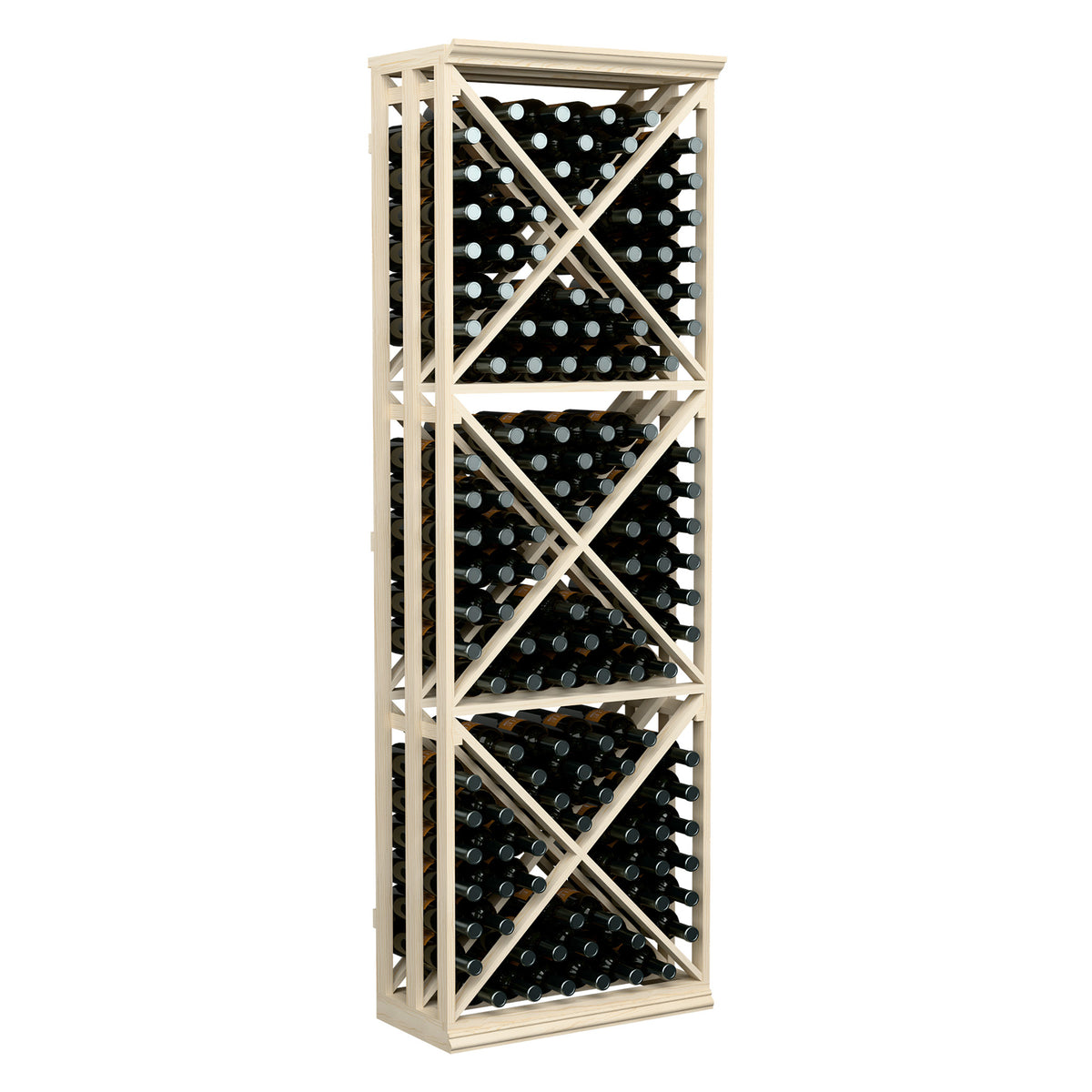 Light wood lattice wine bottle storage rack with crisscross shelves holding bottles upright