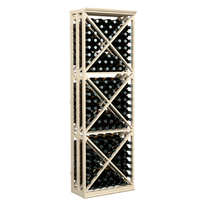 Light wood lattice wine bottle storage rack with crisscross shelves holding bottles upright