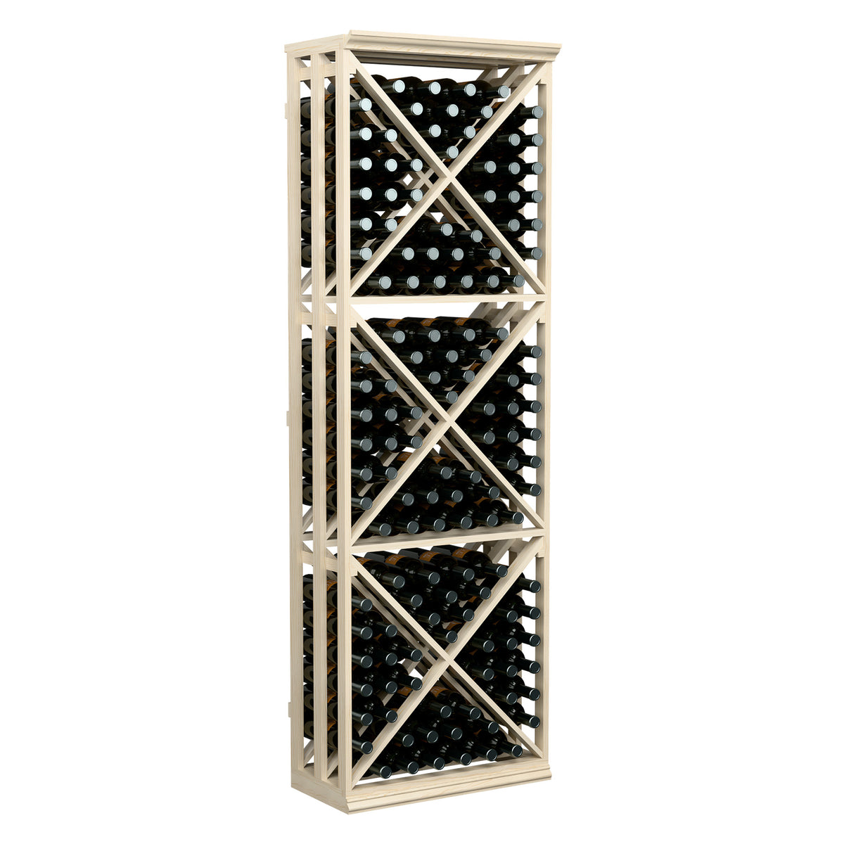 Light wood lattice wine bottle storage rack with crisscross shelves and filled bottle rows