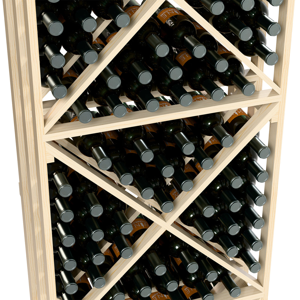 Light wood lattice wine bottle rack with diagonal shelves packed with dark bottles and gray caps