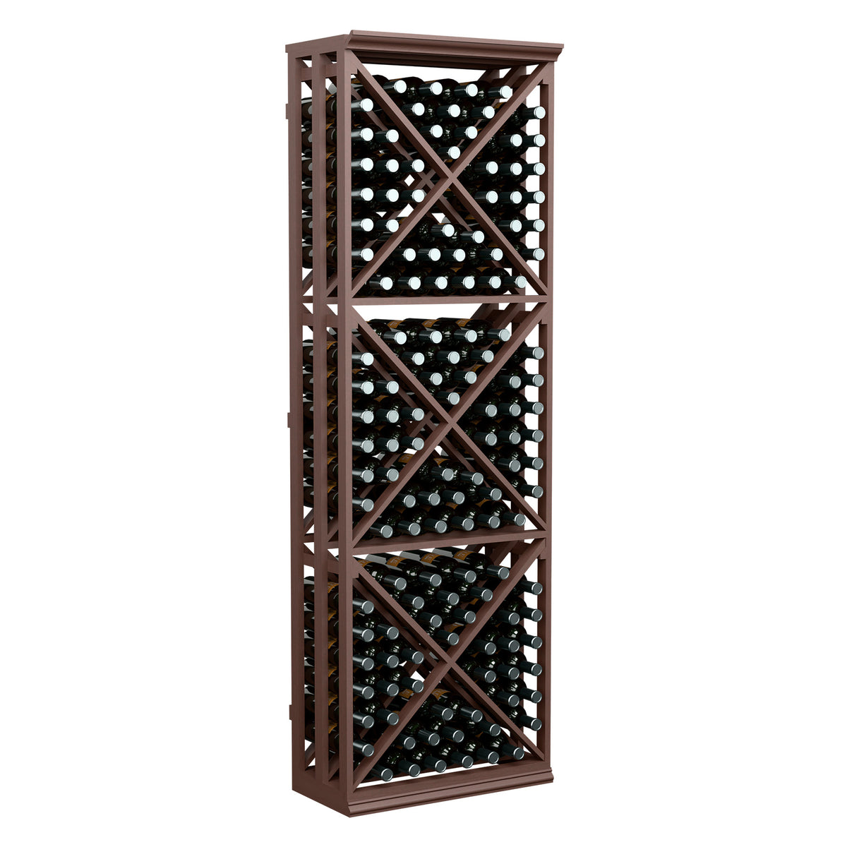 Dark brown lattice wine bottle storage rack with crisscross shelves holding upright bottles