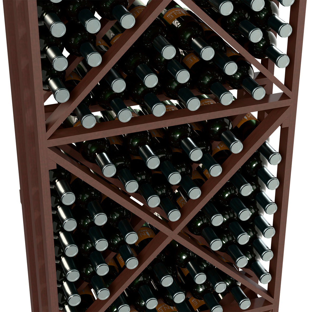 Dark brown lattice wine bottle rack with diagonal dividers and rows of dark bottles with gray caps
