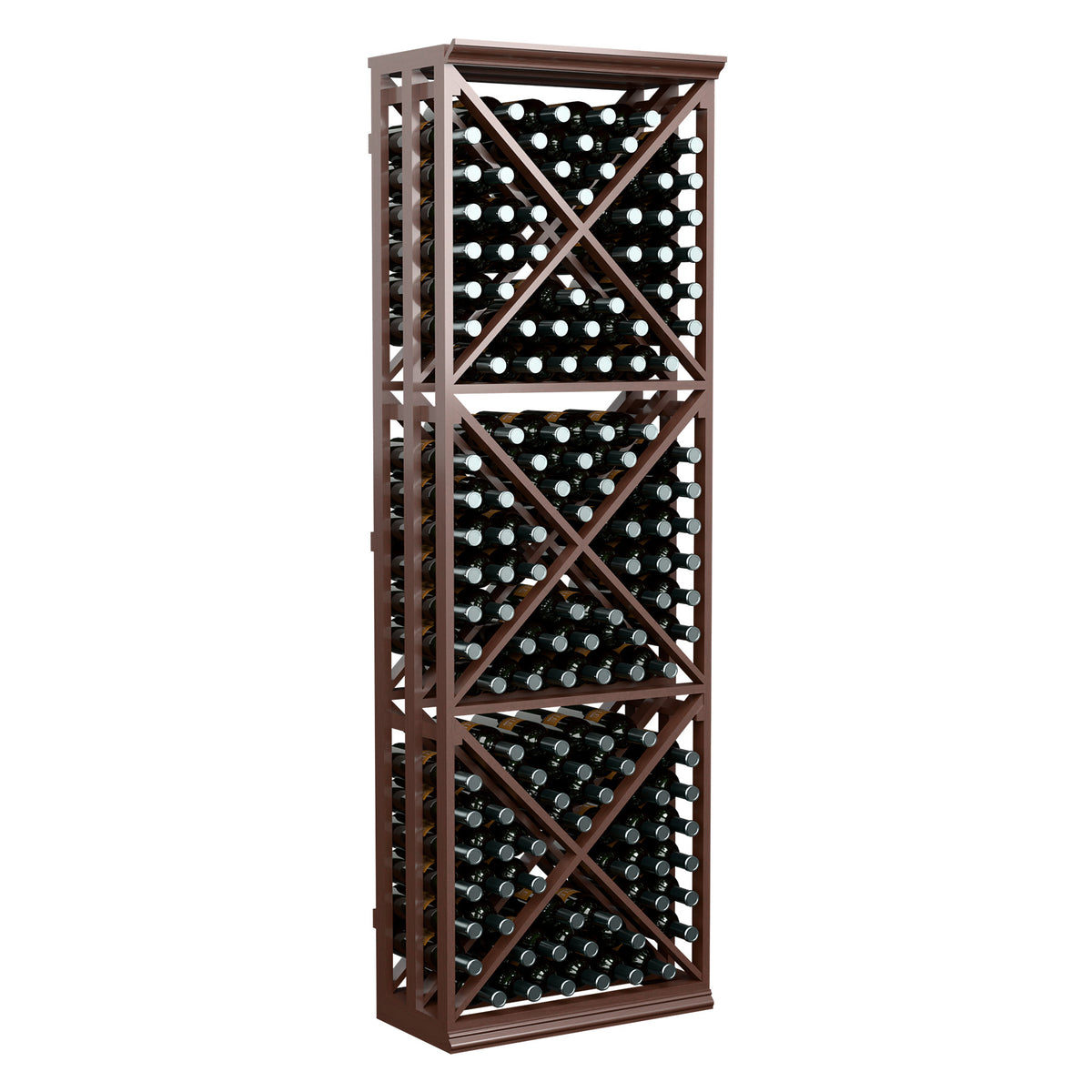 Dark brown lattice wine bottle rack with X-braced shelves, holding rows of bottles