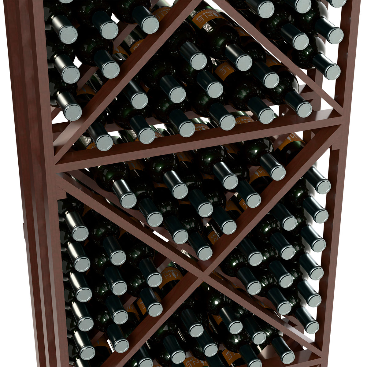 Dark brown lattice wine bottle rack, angled close-up showing X shelves and bottles