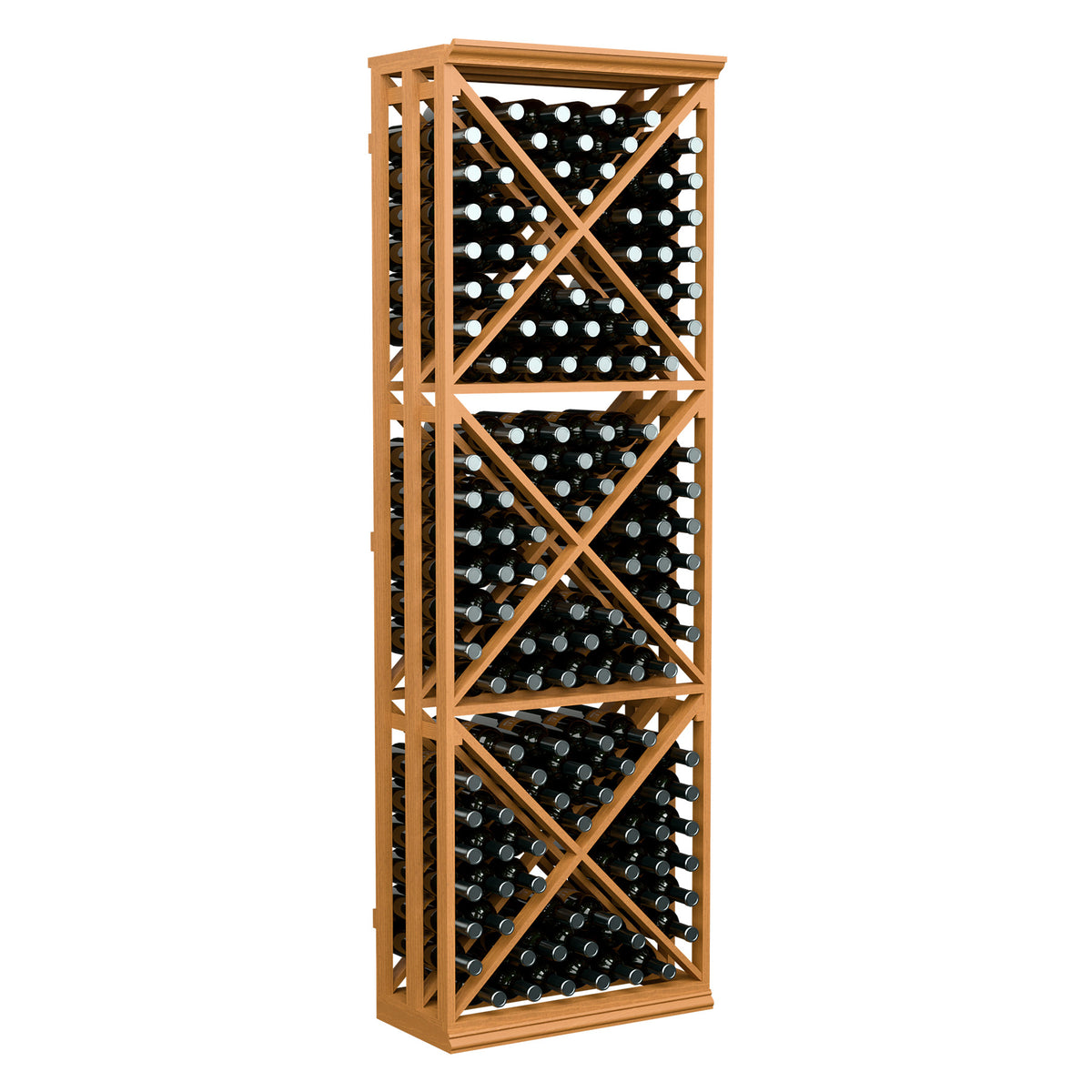 Light wood lattice wine bottle rack with X-braced shelves, holding rows of bottles