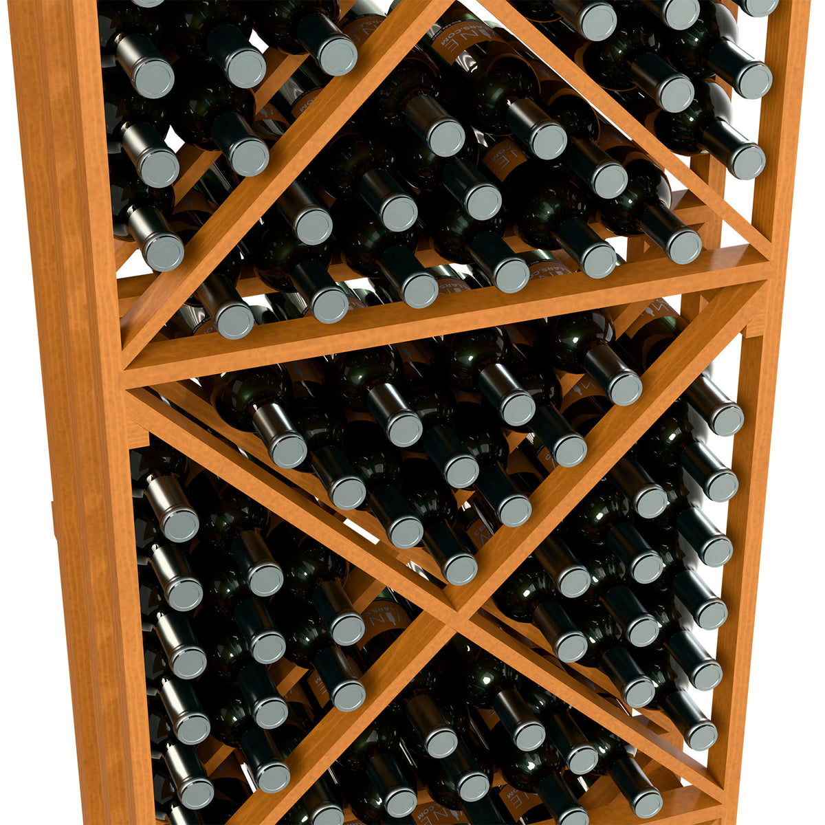 Light wood lattice wine bottle rack, close-up of X shelves filled with bottles