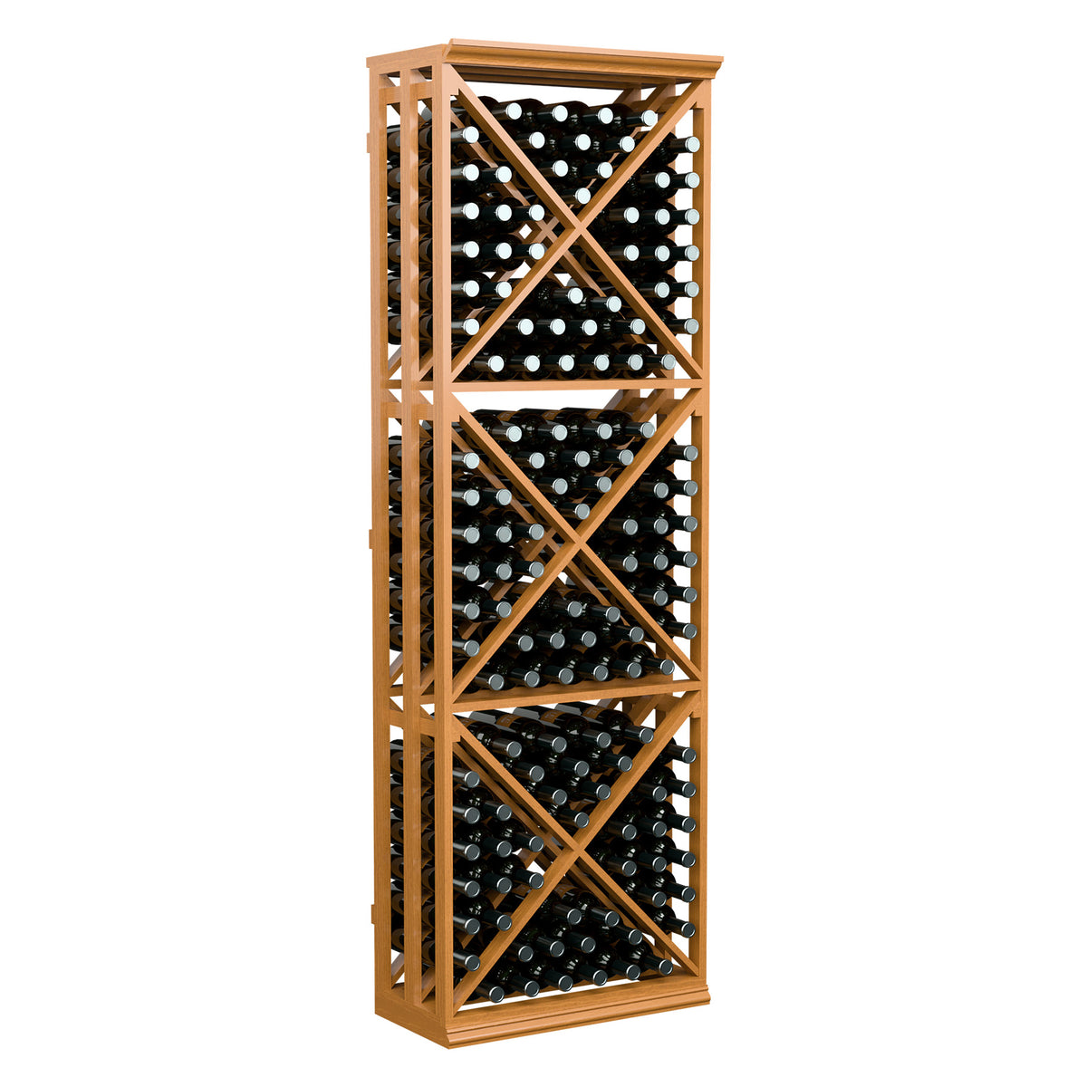 Light wood lattice wine bottle rack, front view showing X-braced storage shelves