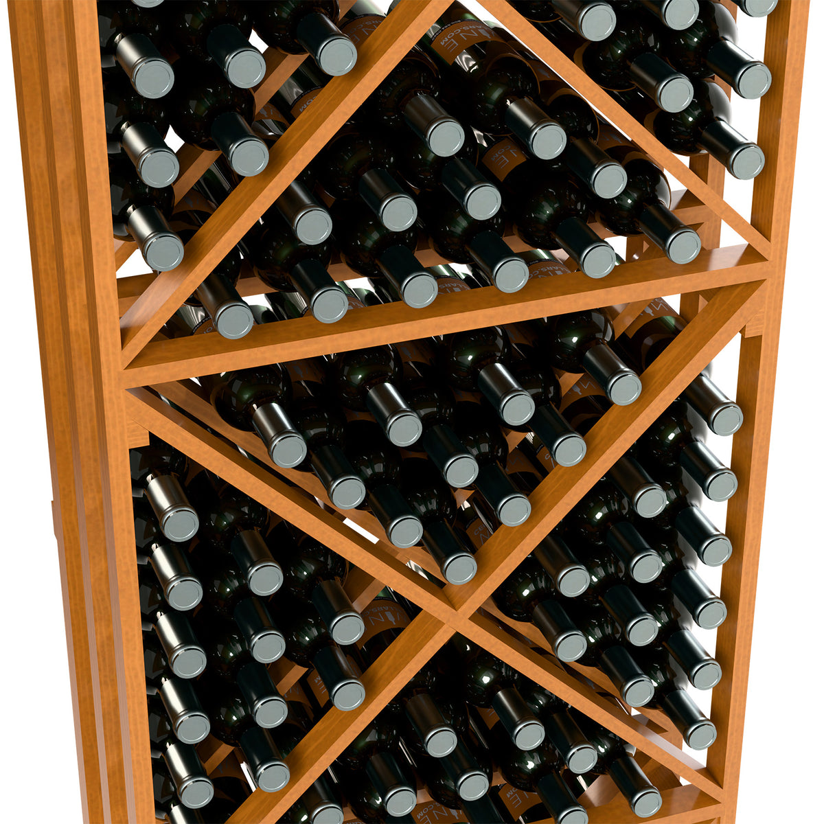 Light wood lattice wine bottle rack, angled close-up showing X shelves and bottles