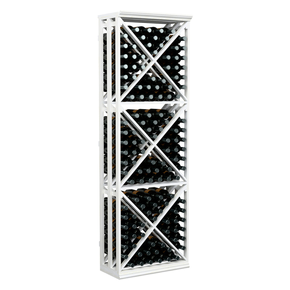 White lattice wine bottle rack with X-braced shelves, front view with bottles