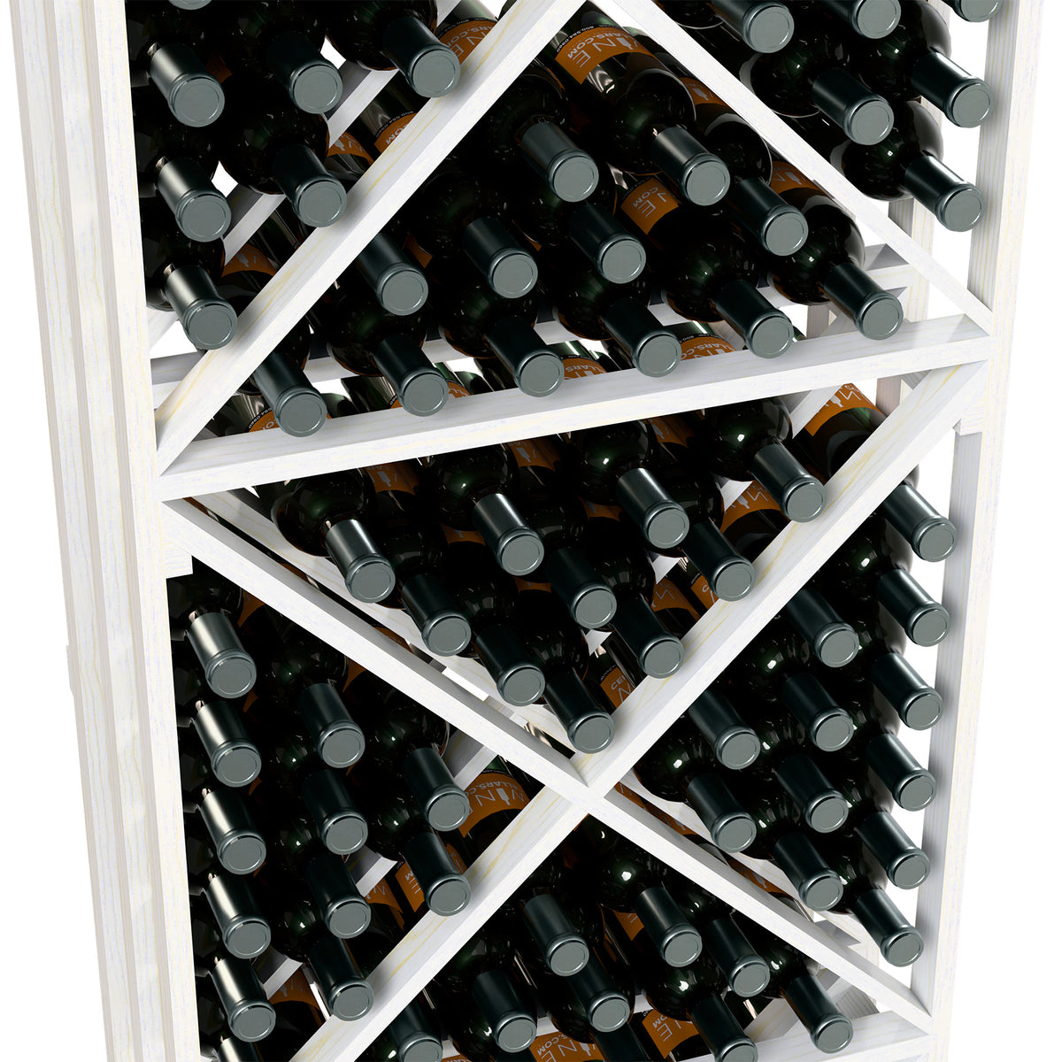 White lattice wine bottle rack, angled close-up of X shelves filled with bottles
