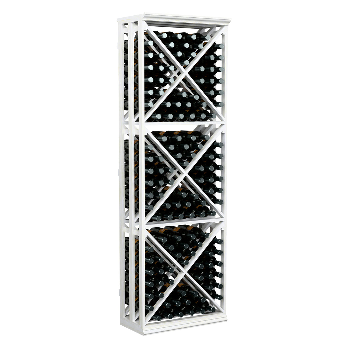 White lattice wine bottle rack, front view showing X-braced storage shelves