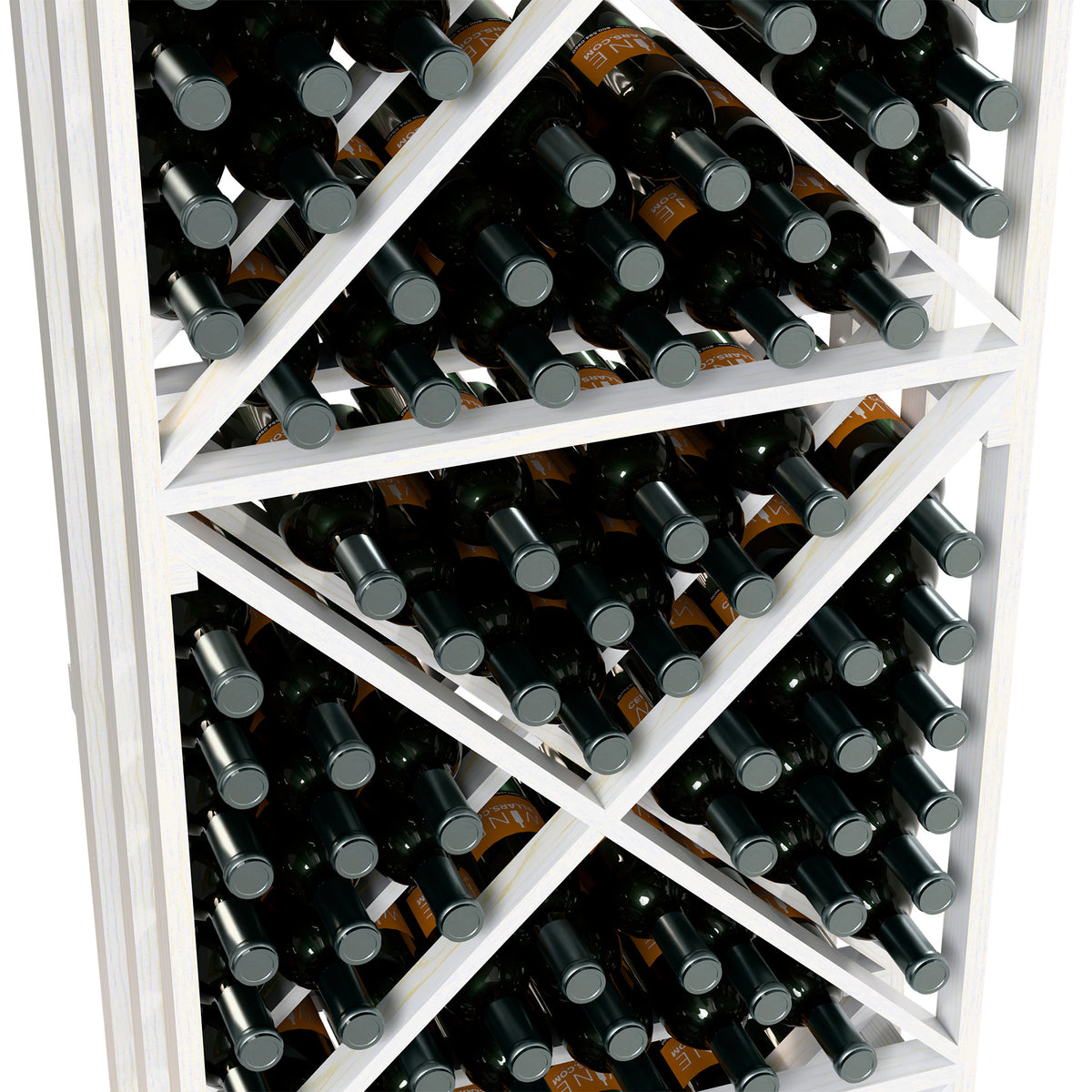 White lattice wine bottle rack, close-up of X shelves with wine bottles