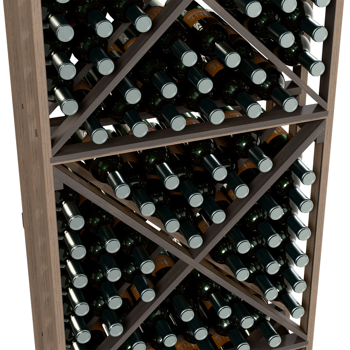 Close-up of wine bottle rack shelves filled with bottles, dark frame