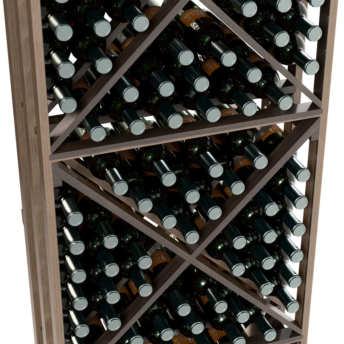 Close-up of wine bottles in lattice rack shelves, dark frame, diagonal supports