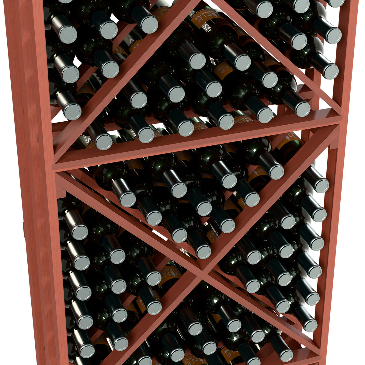 Close-up of wine bottles in crisscross lattice shelves, reddish-brown rack frame