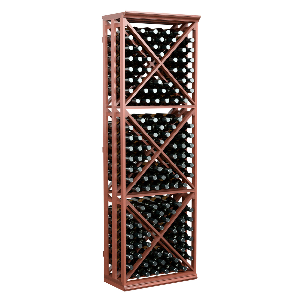 Front view of 6FT lattice wine bottle rack with crisscross shelves, reddish-brown frame
