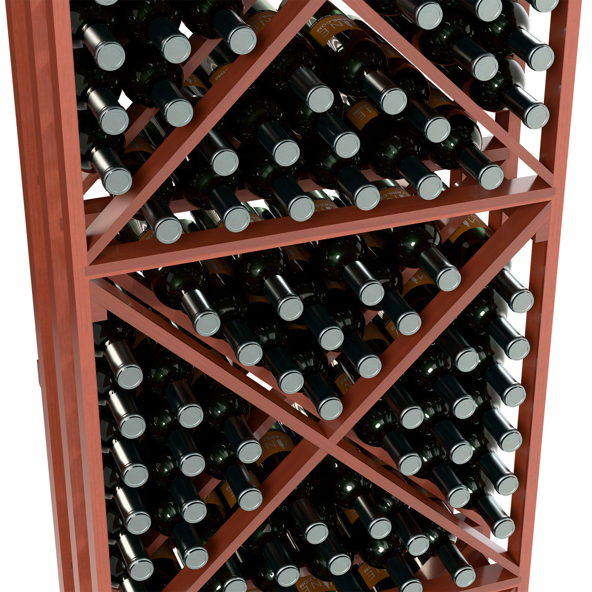 Close-up of wine bottles in lattice rack shelves, reddish-brown diagonal supports