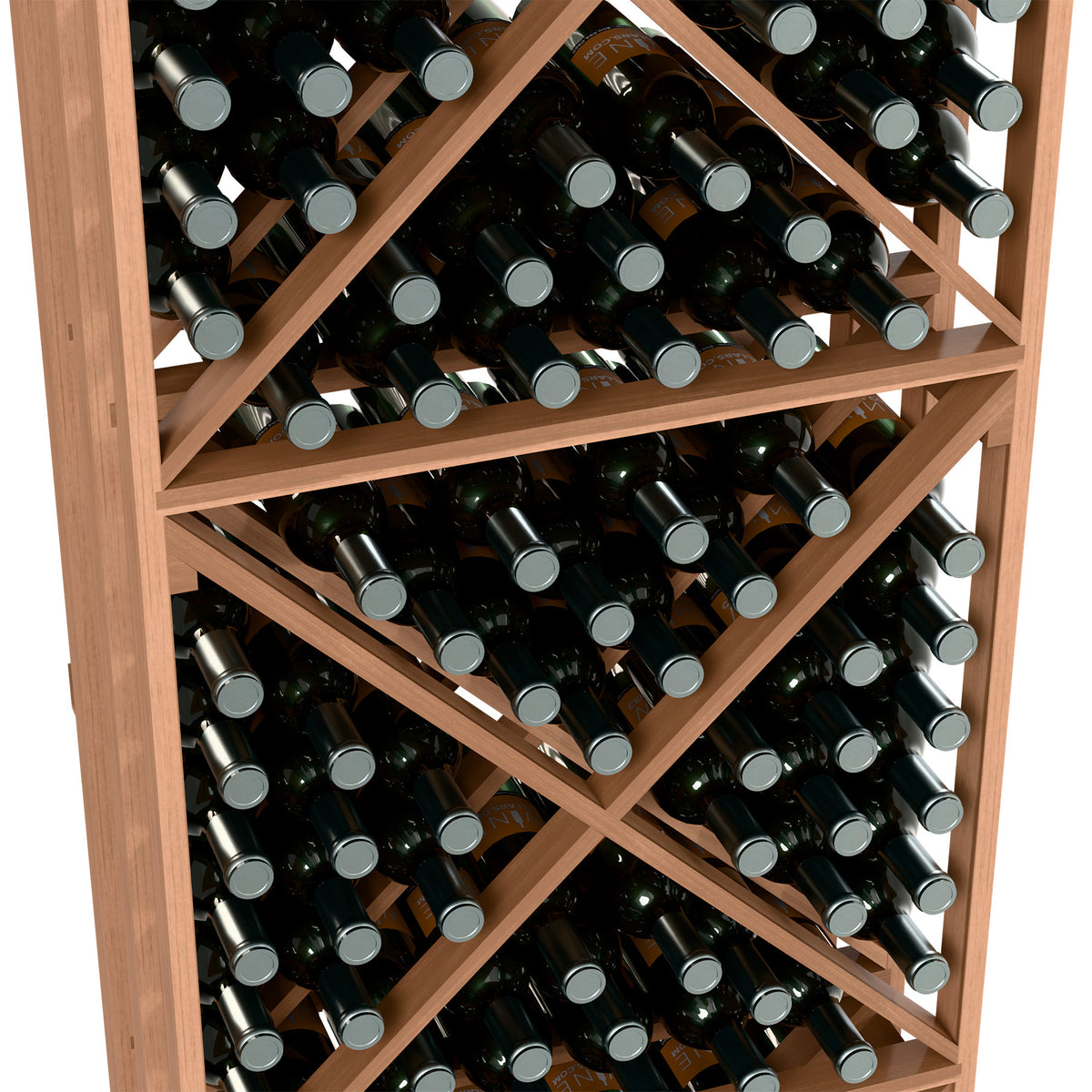 Close-up of wine bottles in lattice rack shelves, light wood frame, diagonal braces