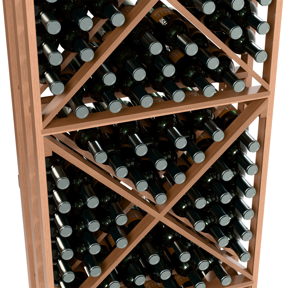 Natural wood wine rack shelves packed with dark green bottles and gray caps