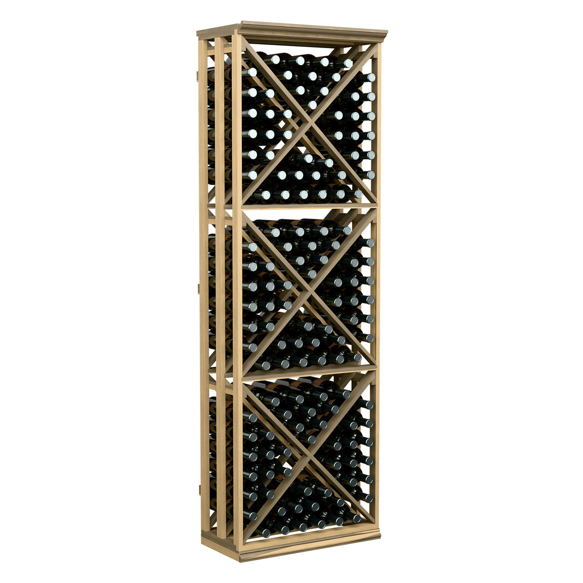 Natural wood lattice wine rack with open grid and diagonal X braces for bottle storage