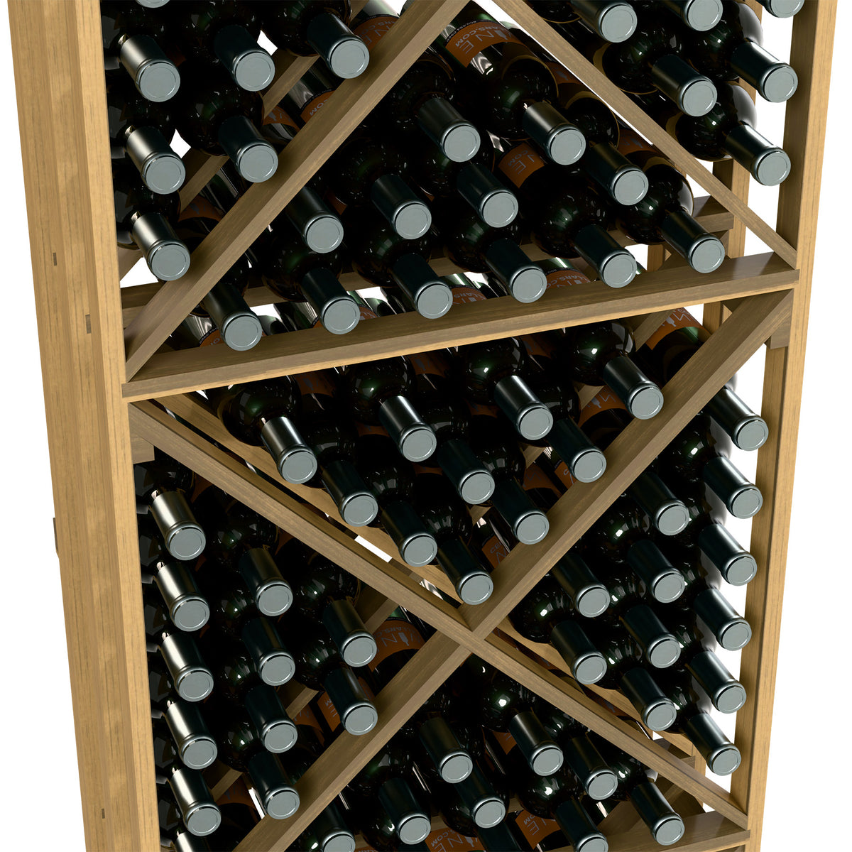 Natural wood wine rack interior with diagonal shelves filled with dark green bottles