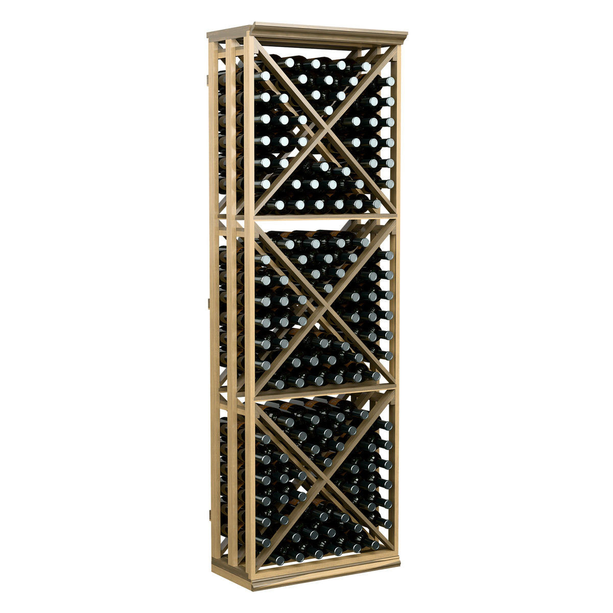 Natural wood lattice wine rack with open side frame, rows of bottles in X-pattern slots