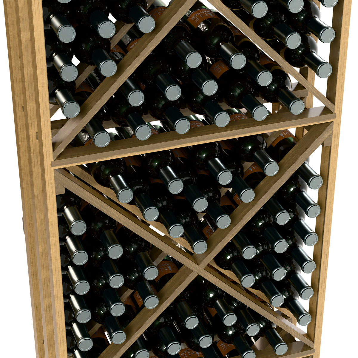 Natural wood wine rack shelves filled with dark green bottles, gray caps visible
