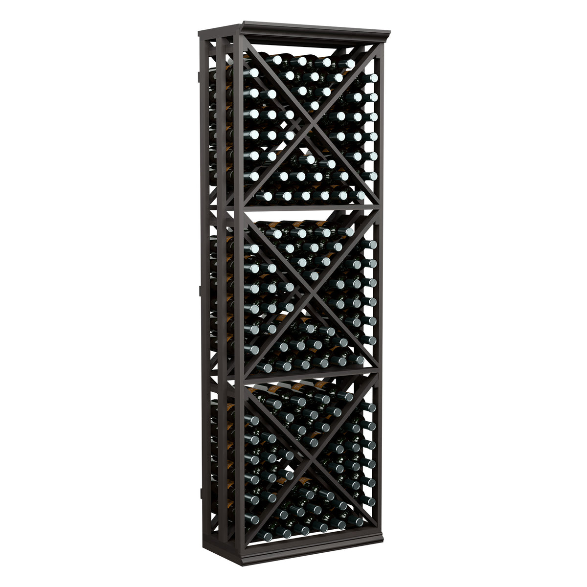 Black lattice wine rack with diagonal X bracing, storing rows of bottles