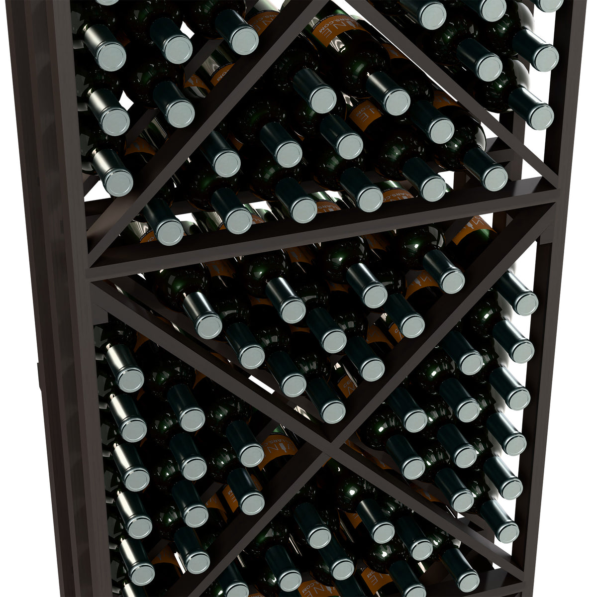 Black wine rack interior with diagonal shelves, packed dark green bottles