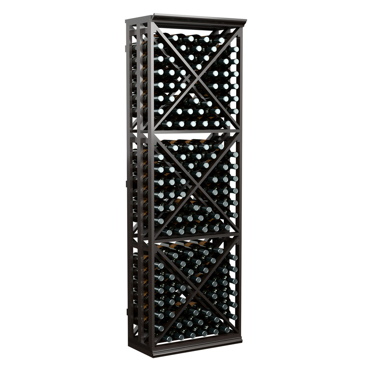 Black lattice wine rack with open grid and diagonal X braces for bottle storage
