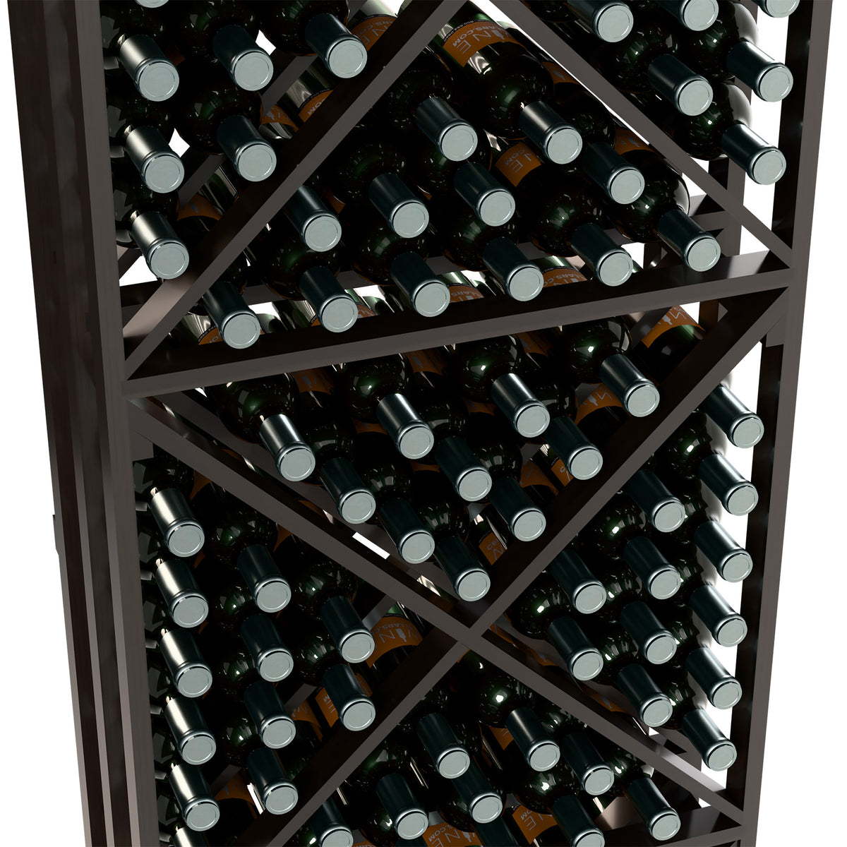 Black wine rack shelves filled with dark green bottles, silver-gray caps