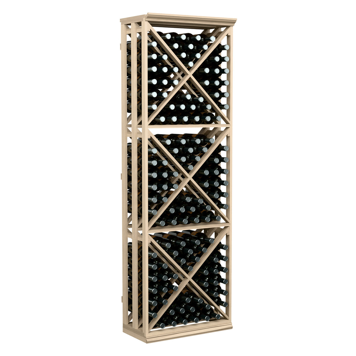 Wine bottle storage rack with lattice X crisscross shelves, holding dark bottles