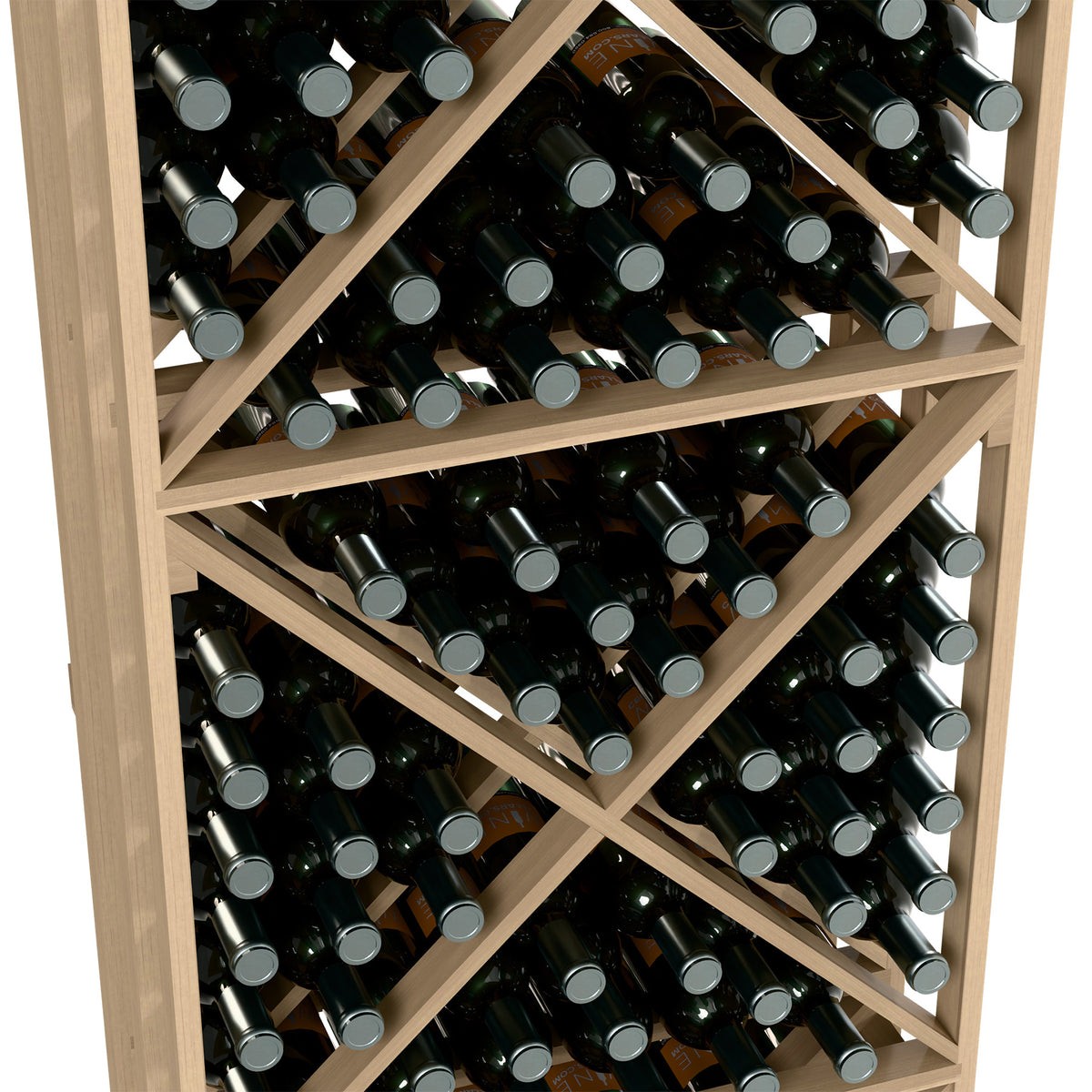 Wine bottle storage rack close-up: slanted X-brace shelves with dark bottles
