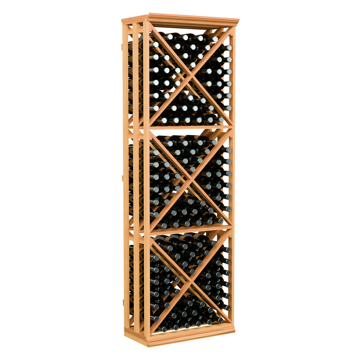 Wine bottle storage rack in light wood tone with X-lattice shelves, holding dark bottles