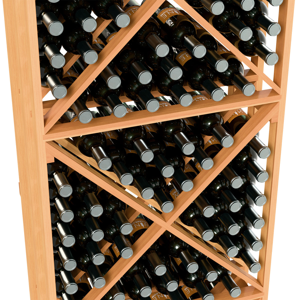 Wine bottle storage rack close-up of X-brace shelves filled with dark bottles