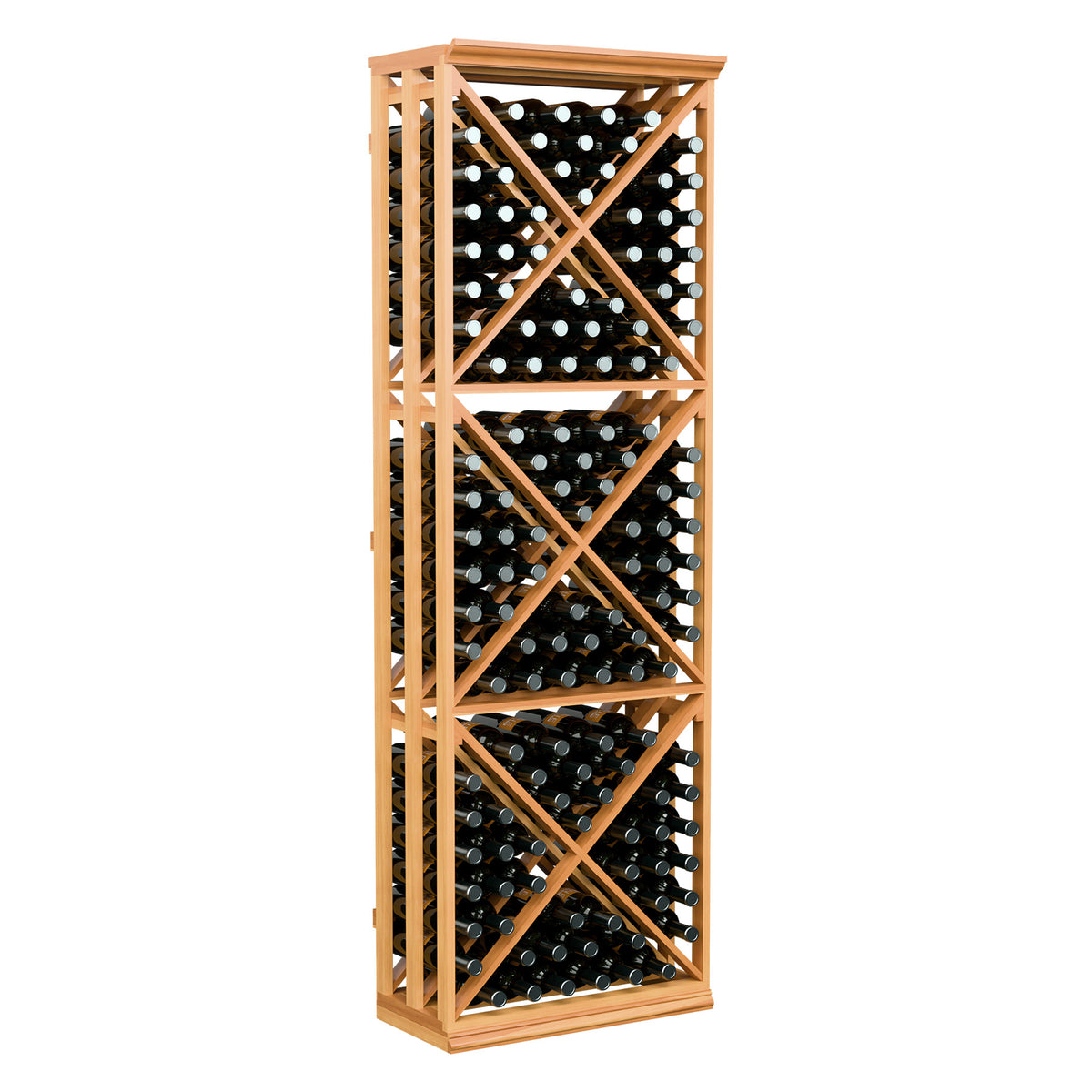 Wine bottle storage rack with open X-lattice sides and top, filled with dark bottles