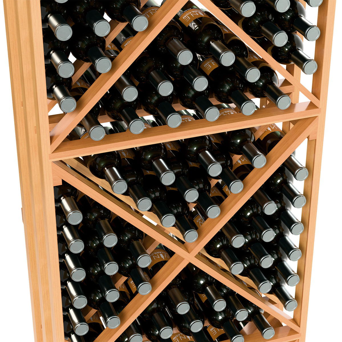 Wine bottle storage rack detail showing slanted X-brace tiers with dark bottles
