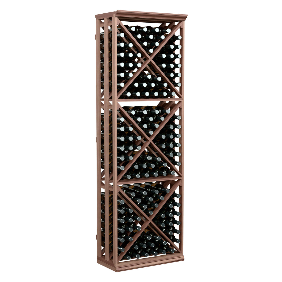 Wine bottle storage rack with lattice X pattern shelves and rows of dark bottles
