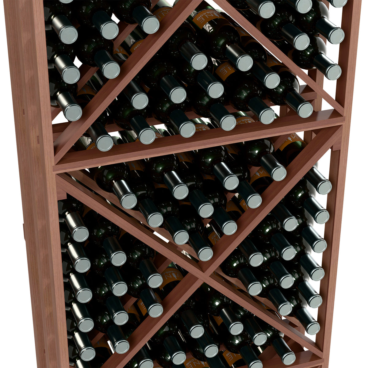 Wine bottle storage rack close-up of X-brace shelves packed with dark wine bottles