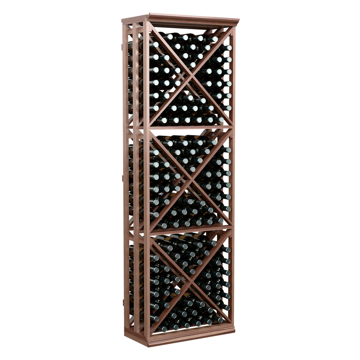 Wood wine storage rack with lattice X-cube shelves and bottle holes, dark brown finish
