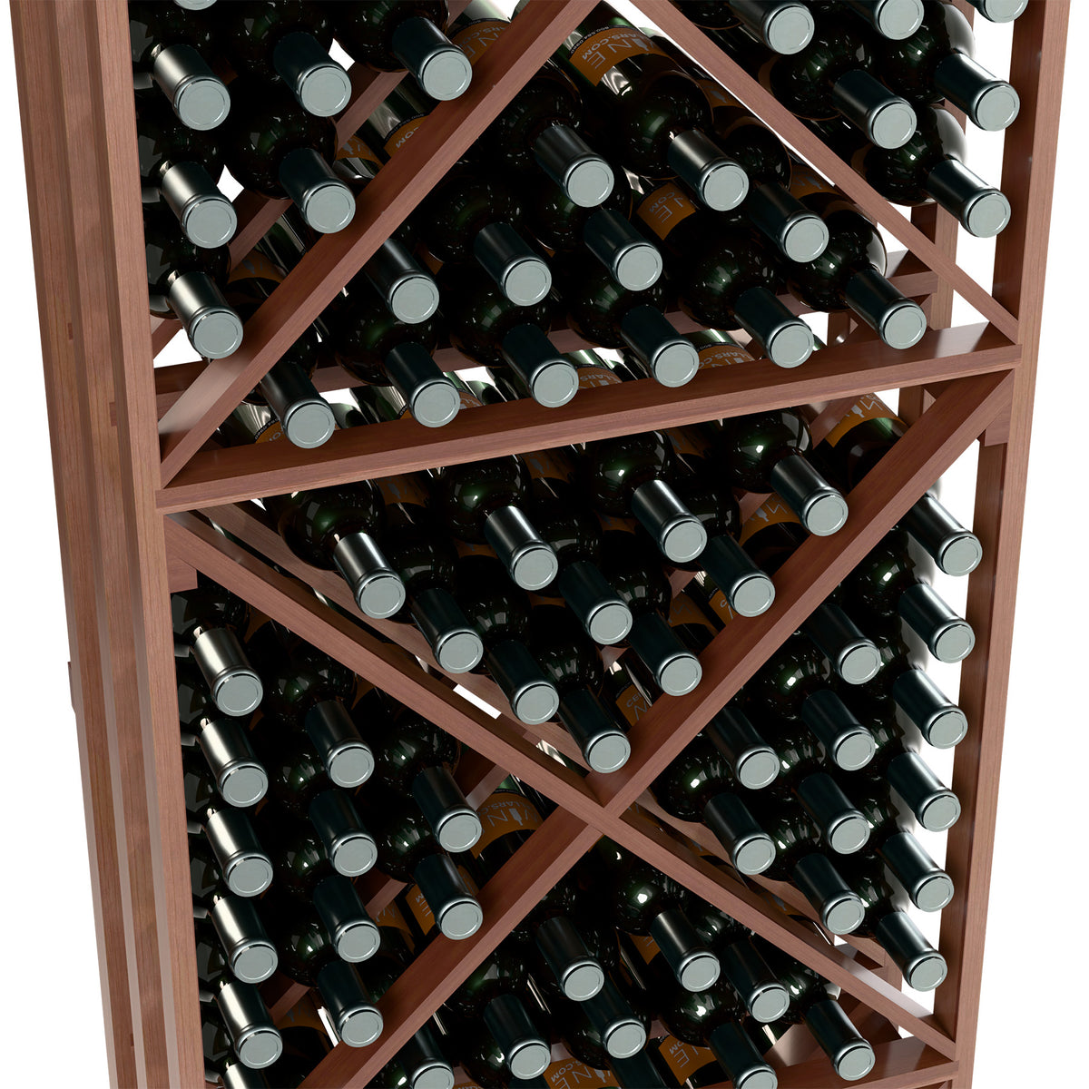 Dark brown lattice wine rack with X-cube dividers holding assorted wine bottles