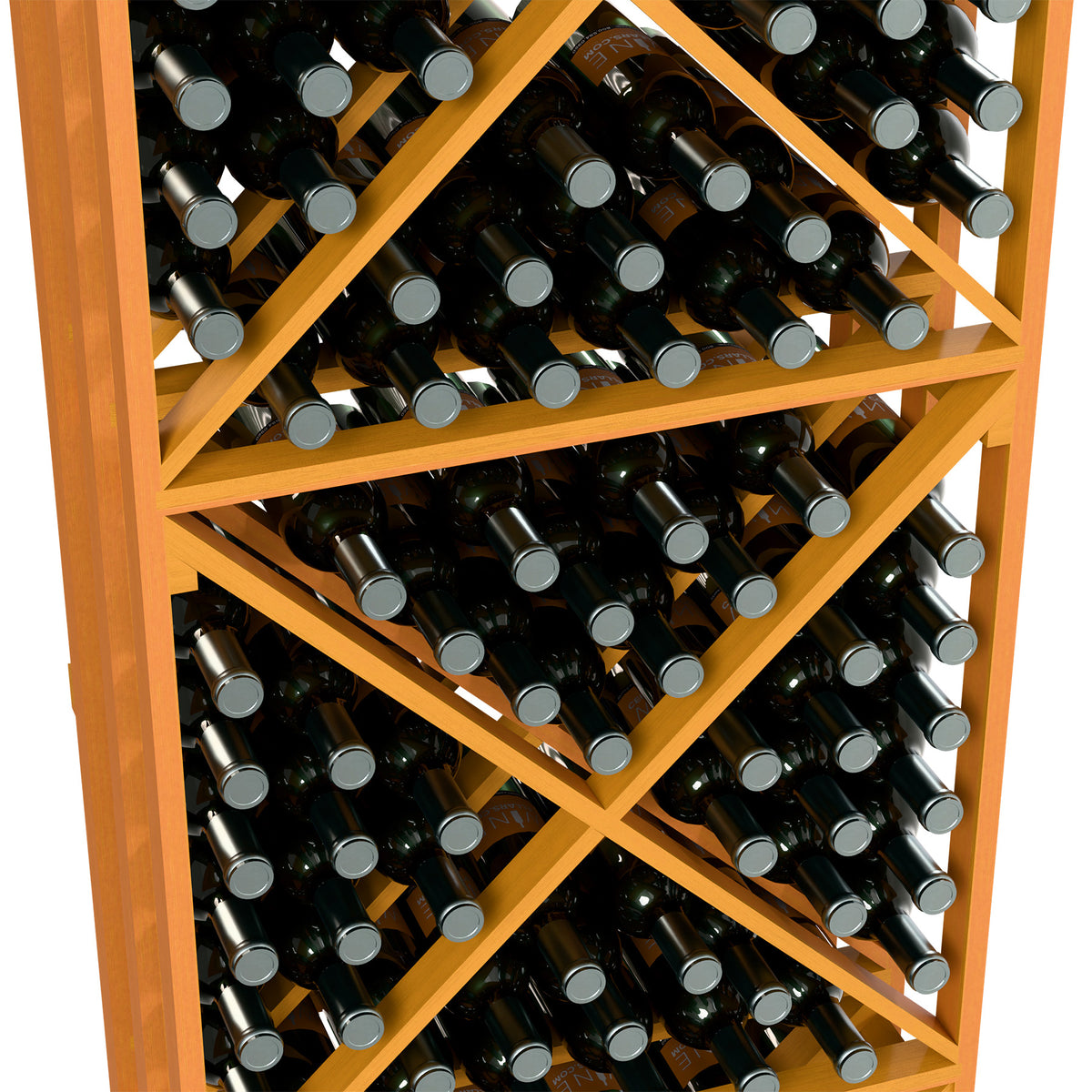 Light golden lattice wine rack with X-cube dividers holding wine bottles