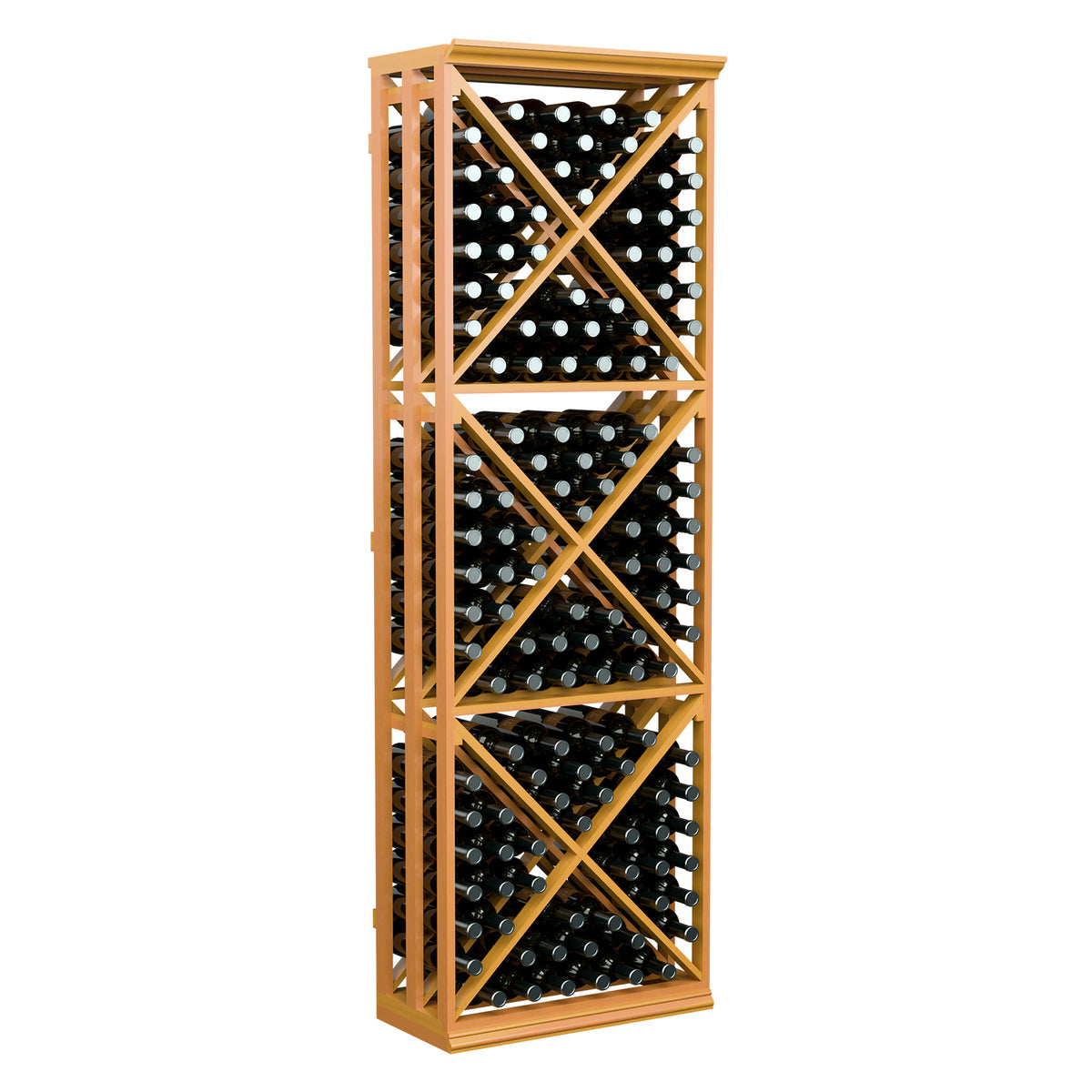 Wood wine storage rack with lattice X-cube shelves and bottle holes, light golden finish