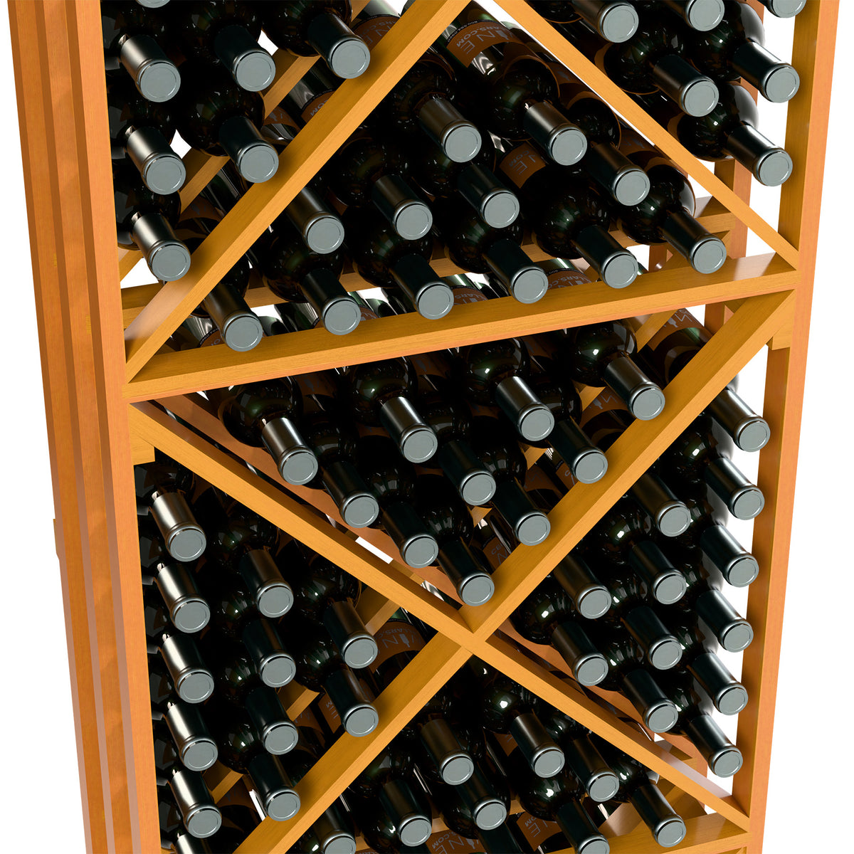 Light golden lattice wine rack with X-cube dividers holding wine bottles