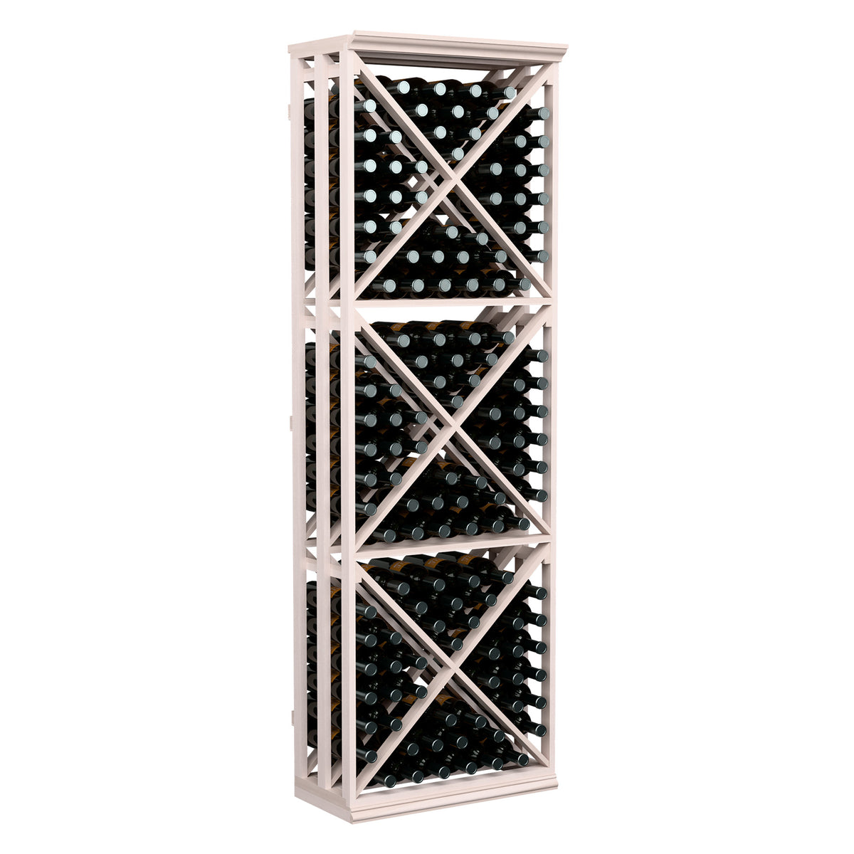 Wood wine storage rack with lattice X-cube shelves and bottle holes, whitewashed finish