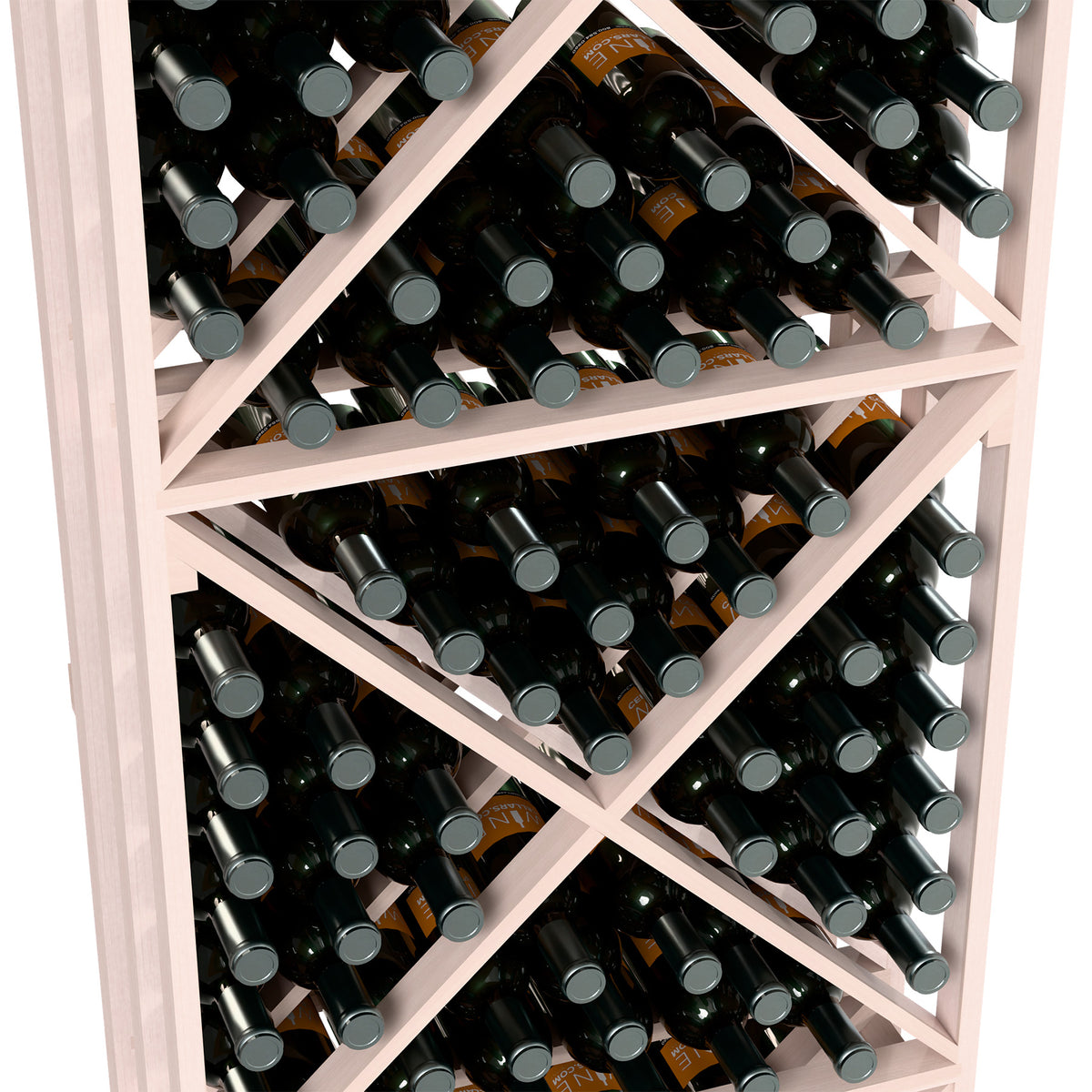 Whitewashed lattice wine rack with X-cube dividers holding wine bottles