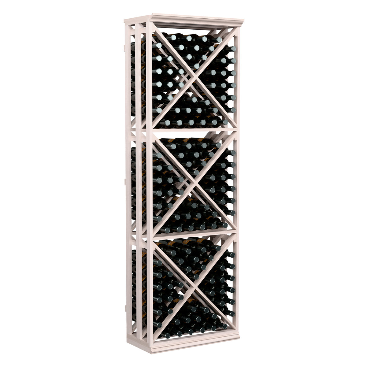 Wood wine storage rack with lattice X-cube shelves and bottle holes, whitewashed finish